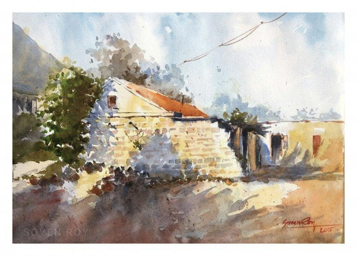 Landscape watercolor painting titled 'Abandoned House', 14x10 inches, by artist Soven Roy on Paper