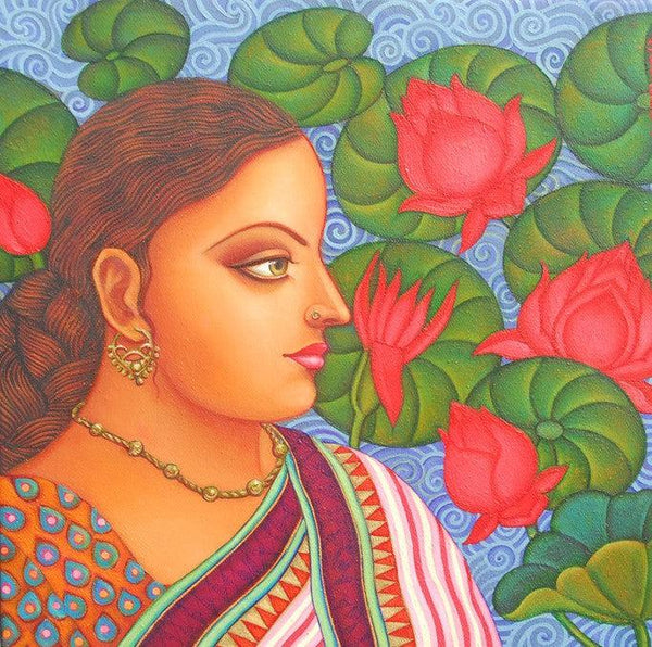 Figurative oil painting titled 'Abhisarika I', 12x12 inches, by artist Suparna Dey on Canvas