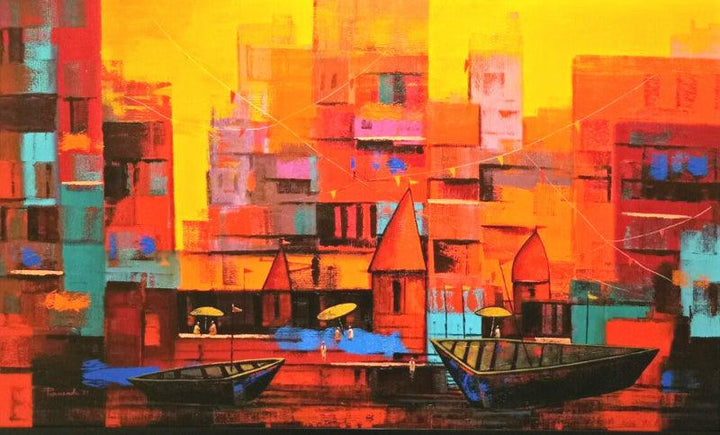 Religious acrylic painting titled 'Abstract Banaras Ghat 3', 36x60 inches, by artist Purnendu Mandal on Canvas