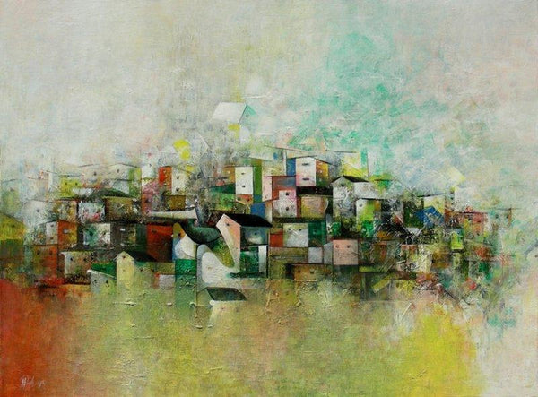 Abstract acrylic painting titled 'Abstract City', 32x43 inches, by artist M Singh on Canvas