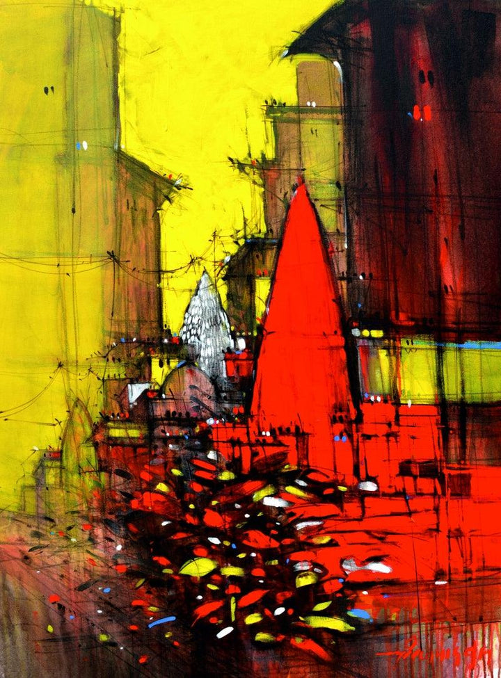 Cityscape mixed media painting titled 'Abstract Cityscape 1', 48x36 inches, by artist Dheeraj Yadav on Canvas