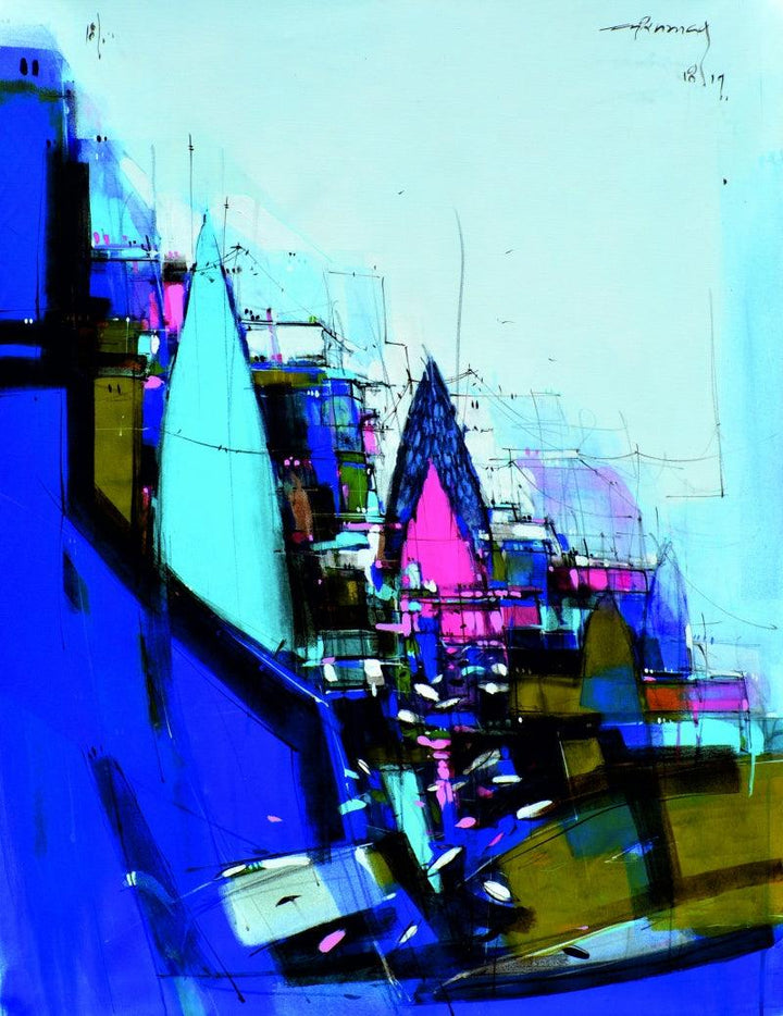 Cityscape mixed media painting titled 'Abstract Cityscape 2', 48x36 inches, by artist Dheeraj Yadav on Canvas