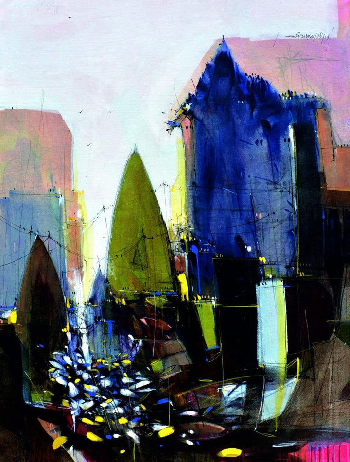 Cityscape mixed media painting titled 'Abstract Cityscape 3', 48x36 inches, by artist Dheeraj Yadav on Canvas