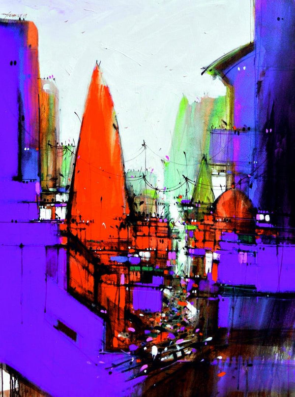 Cityscape mixed media painting titled 'Abstract Cityscape 4', 48x36 inches, by artist Dheeraj Yadav on Canvas