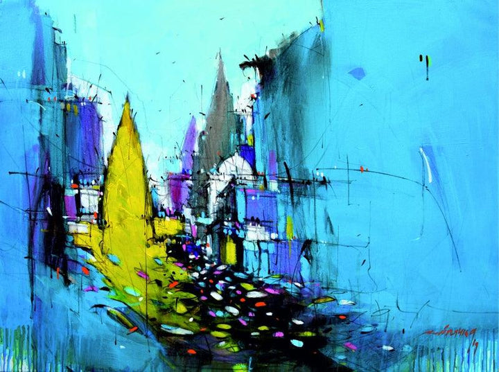 Cityscape mixed media painting titled 'Abstract Cityscape 5', 36x48 inches, by artist Dheeraj Yadav on Canvas