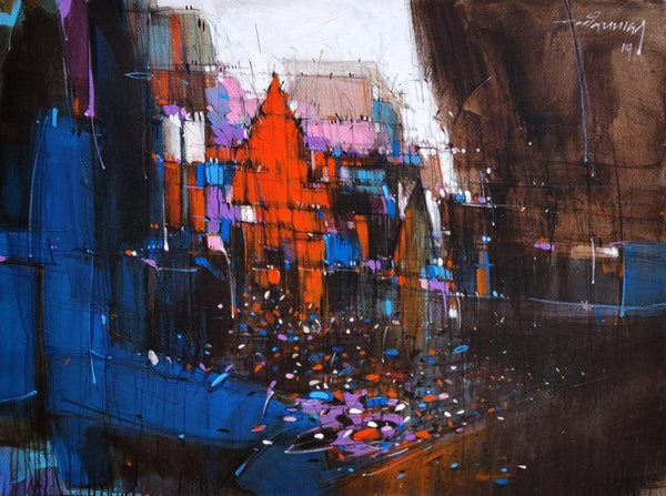 Cityscape mixed media painting titled 'Abstract Cityscape 6', 36x48 inches, by artist Dheeraj Yadav on Canvas