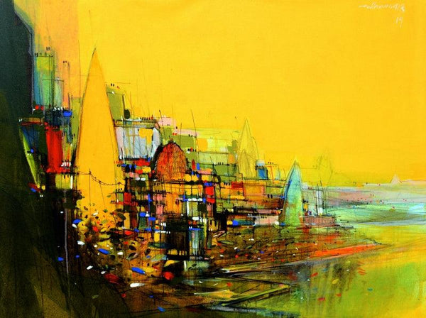 Cityscape mixed media painting titled 'Abstract Cityscape 7', 36x48 inches, by artist Dheeraj Yadav on Canvas