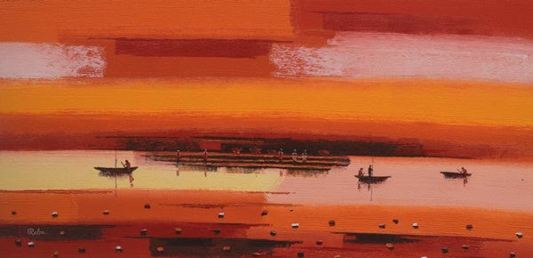 Landscape acrylic painting titled 'Abstract Landscape 2', 24x48 inches, by artist Reba Mandal on Canvas