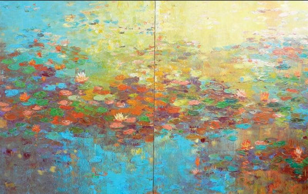 Nature acrylic painting titled 'Abstract Nature 7 (Diptych)', 36x96 inches, by artist Nandita Richie on Canvas