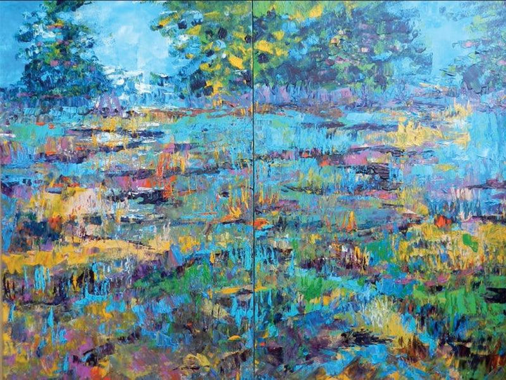 Nature acrylic painting titled 'Abstract Nature (Diptych)', 48x60 inches, by artist Nandita Richie on Canvas