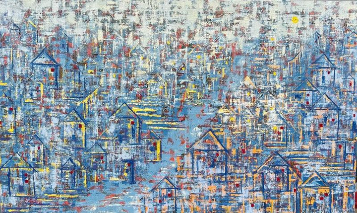 Cityscape oil painting titled 'Abundance', 36x60 inches, by artist Karishma Wadhwa on Canvas