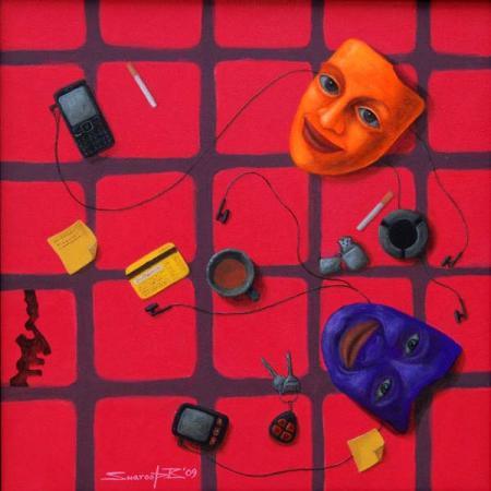 Fantasy acrylic painting titled 'Accessories', 24x24 inches, by artist Swaroop Biswas on Canvas