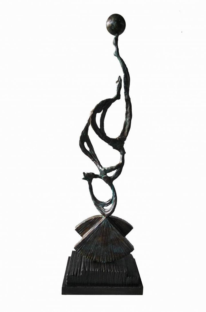 Figurative sculpture titled 'Achieve', 30x9x7 inches, by artist Prasad Talekar on Bronze, Wood