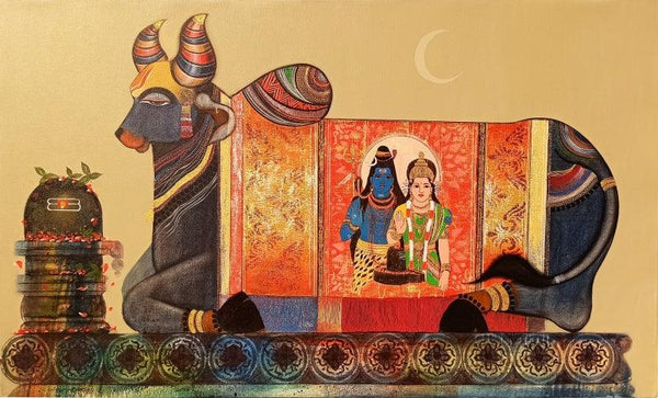 Religious acrylic painting titled 'Adhikaranandin', 36x60 inches, by artist Ashok Rathod on Canvas