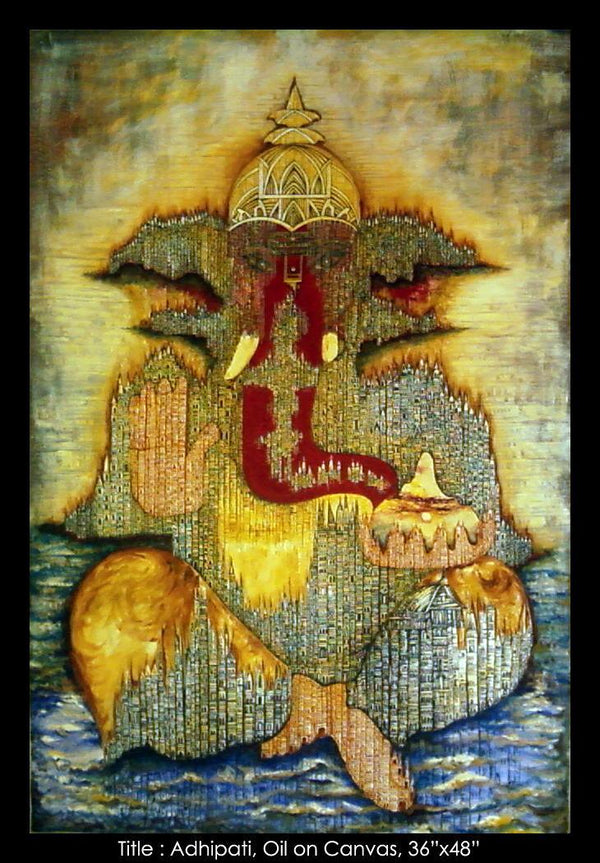 Religious oil painting titled 'Adhipati (Ganpati)', 36x48 inches, by artist Mrs. Sushama Gode on Canvas