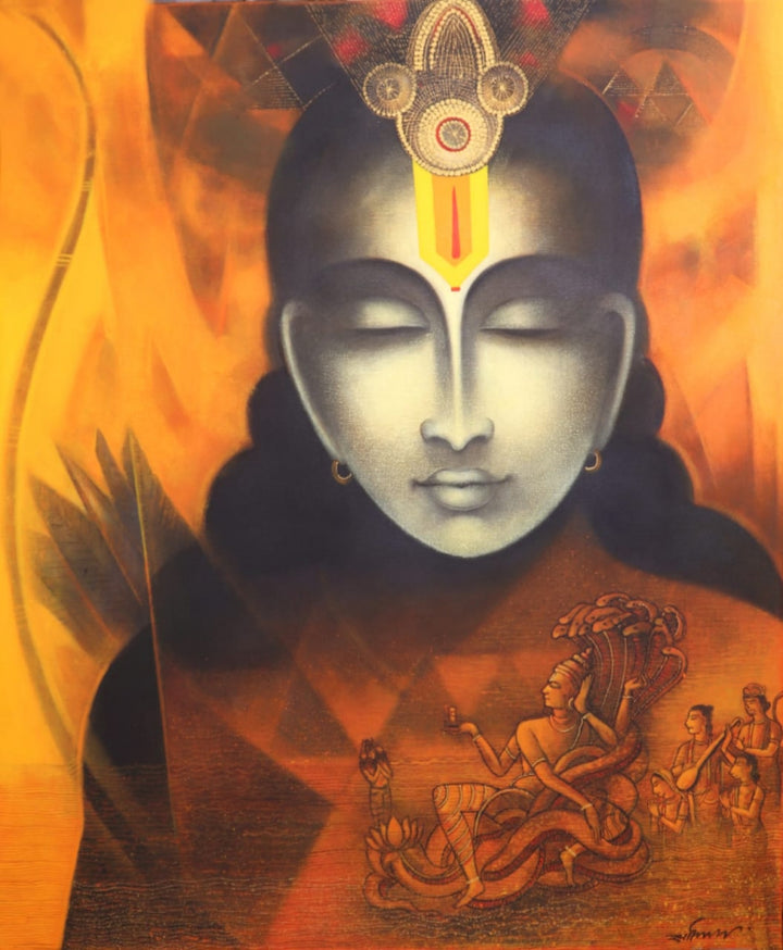 Religious acrylic-charcoal painting titled 'Adipurush', 36x30 inch, by artist Somnath Bothe on Canvas