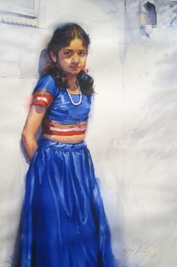 Figurative watercolor painting titled 'Aditi', 14x21 inches, by artist Vijay Jadhav on Paper