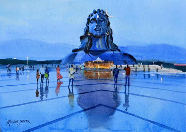 Religious watercolor painting titled 'Adiyogi', 12x16 inches, by artist Ramesh Jhawar on Paper