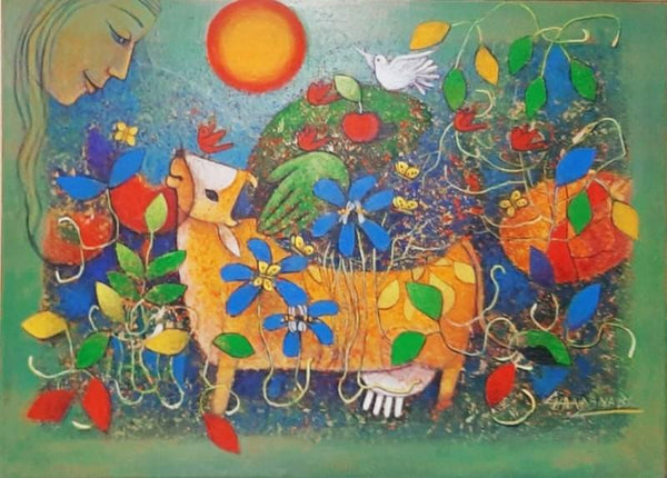 Figurative mixed media painting titled 'Adorable Mother Earth 2', 36x48 inches, by artist Chandana Bhattacharjee on Canvas