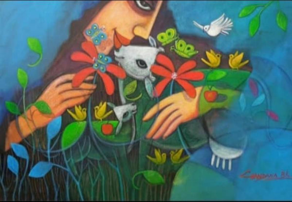 Figurative acrylic painting titled 'Adorable Mother Nature', 48x72 inches, by artist Chandana Bhattacharjee on Canvas