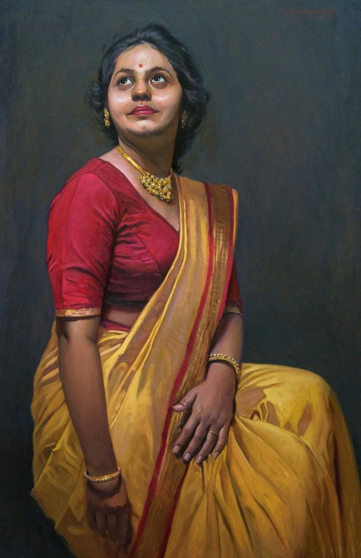 Figurative oil painting titled 'Adoring The Beauty', 36x24 inches, by artist Mahesh Soundatte on Linen