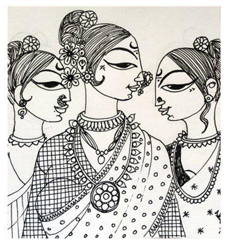 Figurative ink drawing titled 'Adorned', 5x5 inches, by artist Varsha Kharatamal on Paper