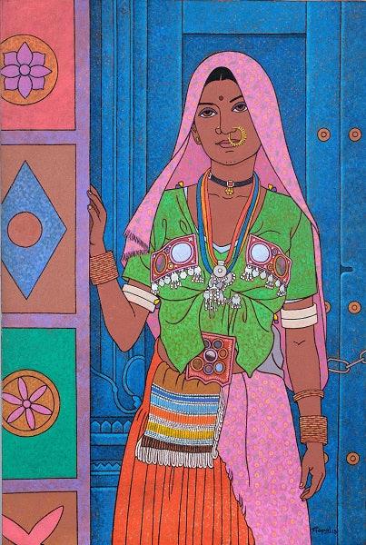 Figurative acrylic painting titled 'Adorned In Colours', 24x16 inches, by artist Gopal Nandurkar on Canvas