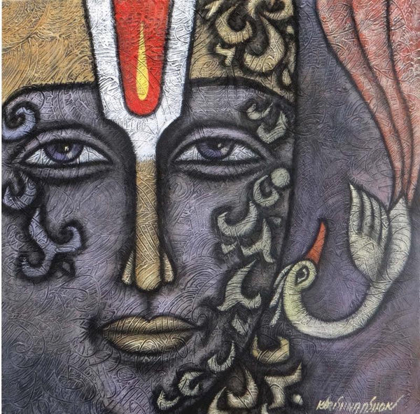 Figurative mixed media titled 'Advaitha 1', 20x20 inches, by artist Krishna Ashok on Canvas