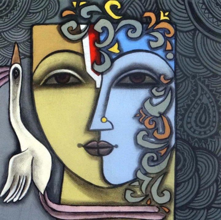 Figurative mixed media titled 'Advaitha 10', 20x20 inches, by artist Krishna Ashok on Canvas