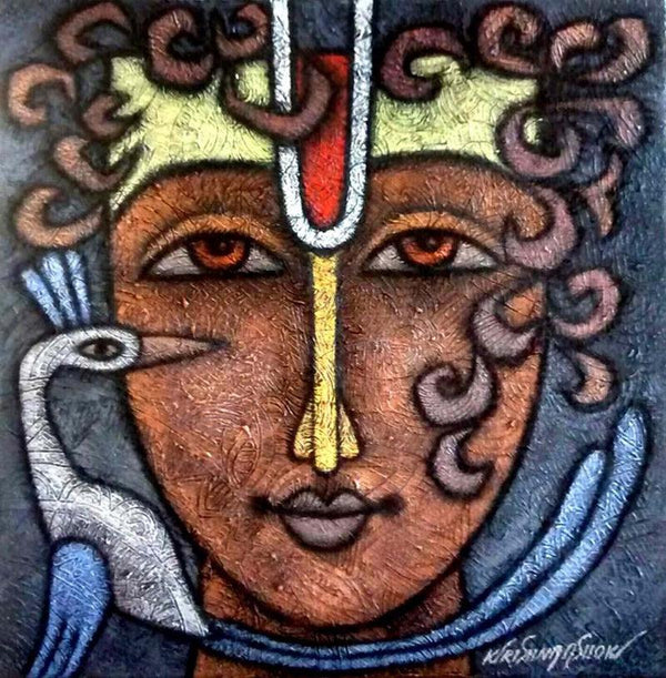 Figurative mixed media titled 'Advaitha 11', 14x14 inches, by artist Krishna Ashok on Canvas