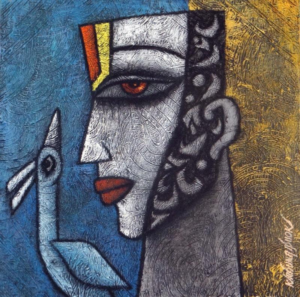 Figurative mixed media titled 'Advaitha 2', 15x15 inches, by artist Krishna Ashok on Canvas