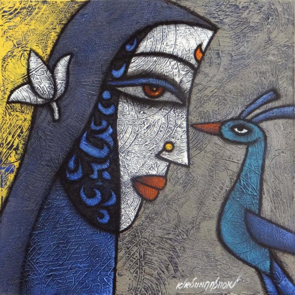 Figurative mixed media titled 'Advaitha 3', 15x15 inches, by artist Krishna Ashok on Canvas