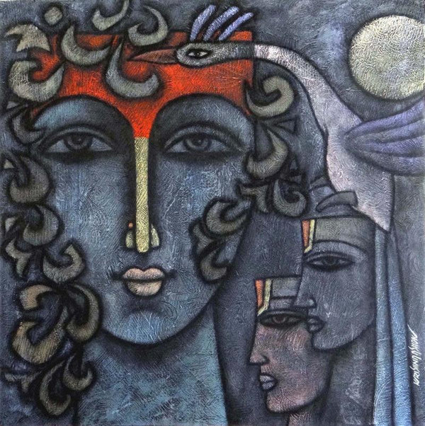 Figurative mixed media titled 'Advaitha 8', 26x26 inches, by artist Krishna Ashok on Canvas