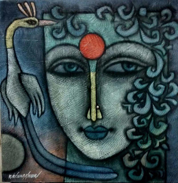 Figurative mixed media titled 'Advaitha 9', 20x20 inches, by artist Krishna Ashok on Canvas