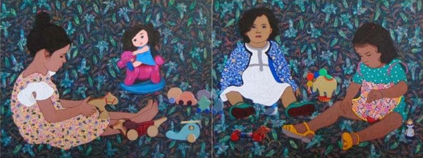 Figurative acrylic painting titled 'Affection Of Toys (Diptych)', 36x96 inches, by artist Monica Ghule on Canvas