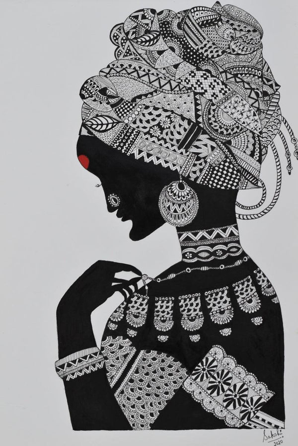 Portrait pen ink drawing titled 'African Tribal Lady', 17x11 inches, by artist Sakshi Baranwal on Paper