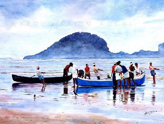 Figurative watercolor painting titled 'After A Fishing', 15x22 inches, by artist Abdul Salim on Paper