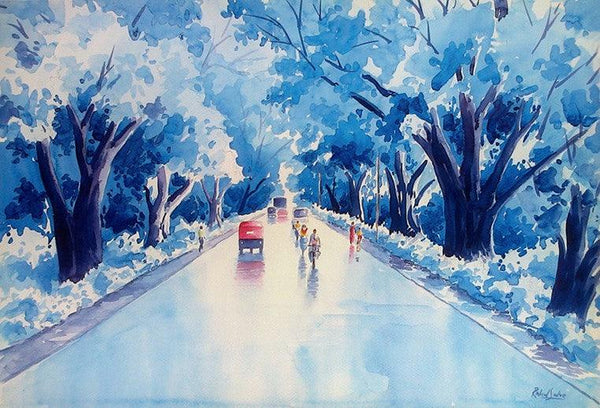 Cityscape watercolor painting titled 'After A Rain', 22x15 inches, by artist Rahul Salve on Paper