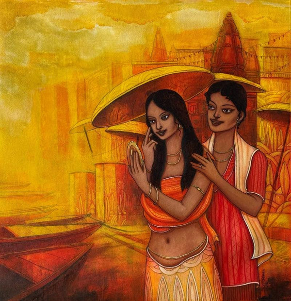 Figurative acrylic painting titled 'After Bath', 28x28 inches, by artist Aniruddha Sarker on canvas