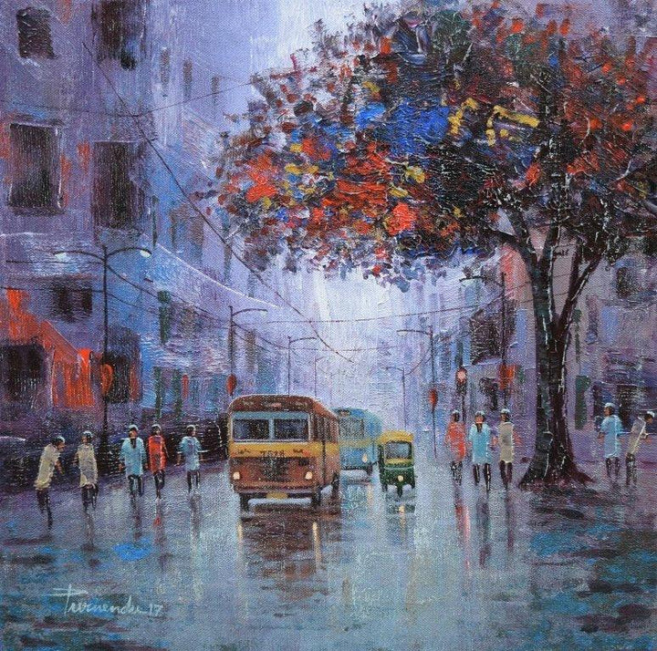 Cityscape acrylic painting titled 'After Rain', 14x14 inches, by artist Purnendu Mandal on Canvas