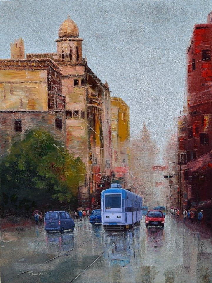 Cityscape oil painting titled 'After Rain In Kolkata 2', 48x36 inches, by artist Purnendu Mandal on Canvas