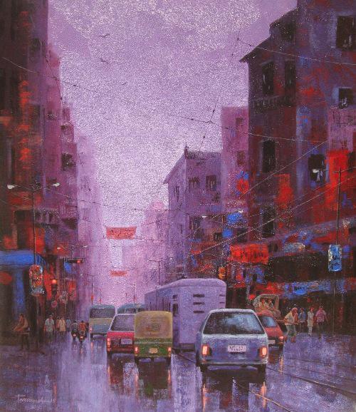 Cityscape acrylic painting titled 'After Rain In Kolkata I', 42x36 inches, by artist Purnendu Mandal on Canvas