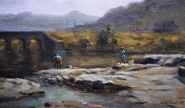 Landscape oil painting titled 'Afternoon 1', 17x10 inches, by artist Uday Farat on Canvas