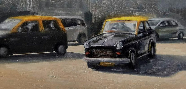 Cityscape oil painting titled 'Afternoon', 14x16 inches, by artist Uday Farat on Mount Board