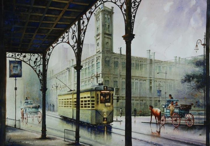 Cityscape watercolor painting titled 'Afternoon In Monsoon 2', 30x43 inches, by artist Arup Lodh on Fabriano Paper