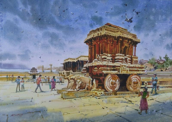 Cityscape watercolor painting titled 'Afternoon With Stone', 24x30 inches, by artist Abhijit Jadhav on Paper