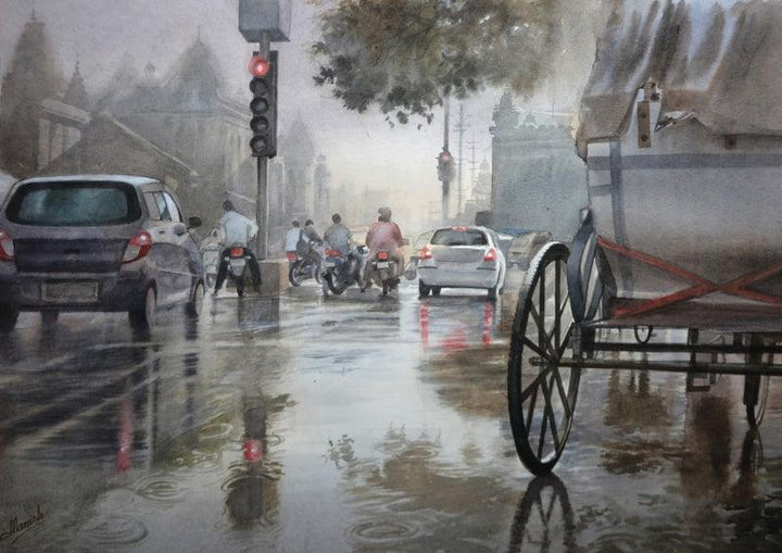 Cityscape watercolor painting titled 'Afterrain', 22x30 inches, by artist Manish Sharma on Paper