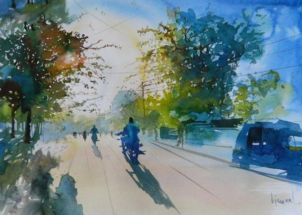 Cityscape watercolor painting titled 'Against The Sun', 11x16 inches, by artist Bijay Biswaal on Paper