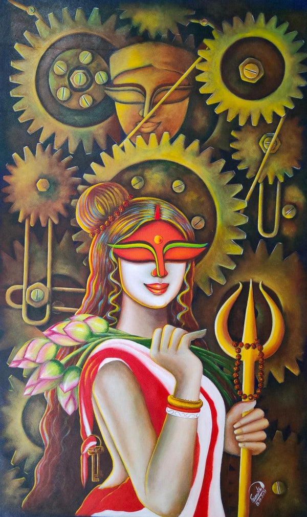 Religious acrylic painting titled 'Agamoni 2', 43x25 inches, by artist Susmita Mandal on Canvas