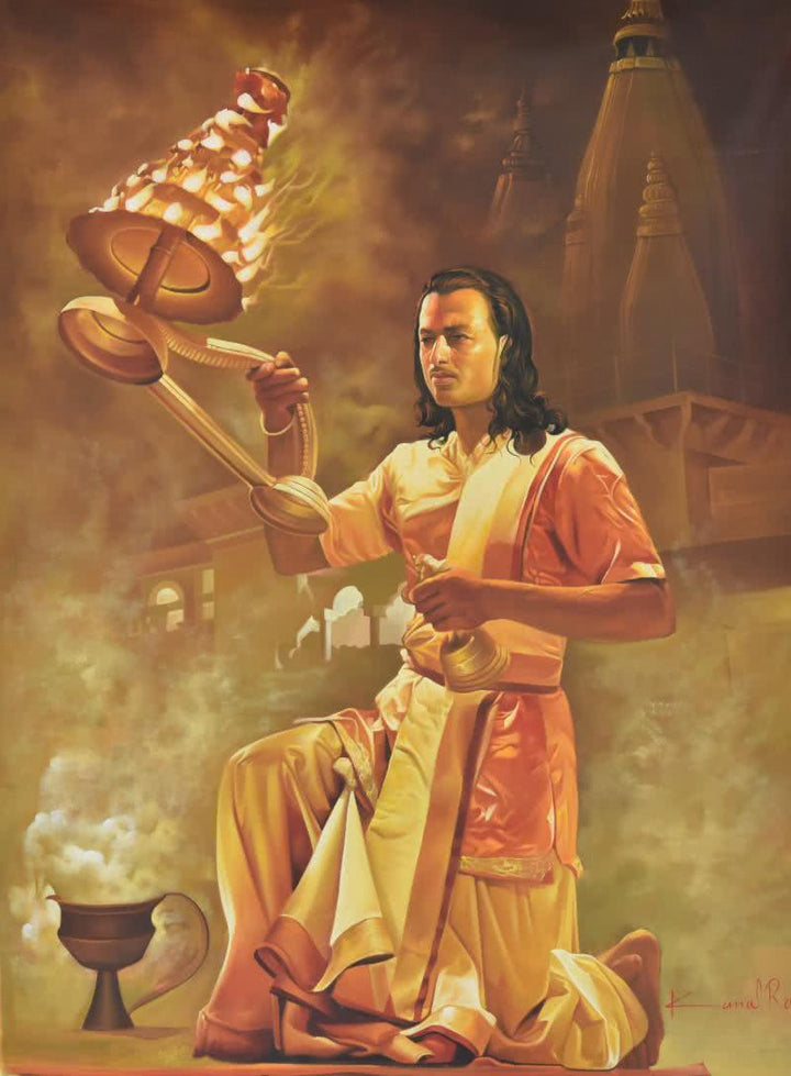 Realistic oil painting titled 'Agni Arti', 48x64 inches, by artist Kamal Rao on Canvas